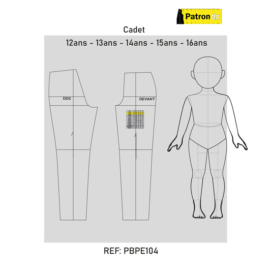 Fond De Base Pantalon Cadet – Coupe Unisexe, De 12ans à 16ans - Patron - PBPE104