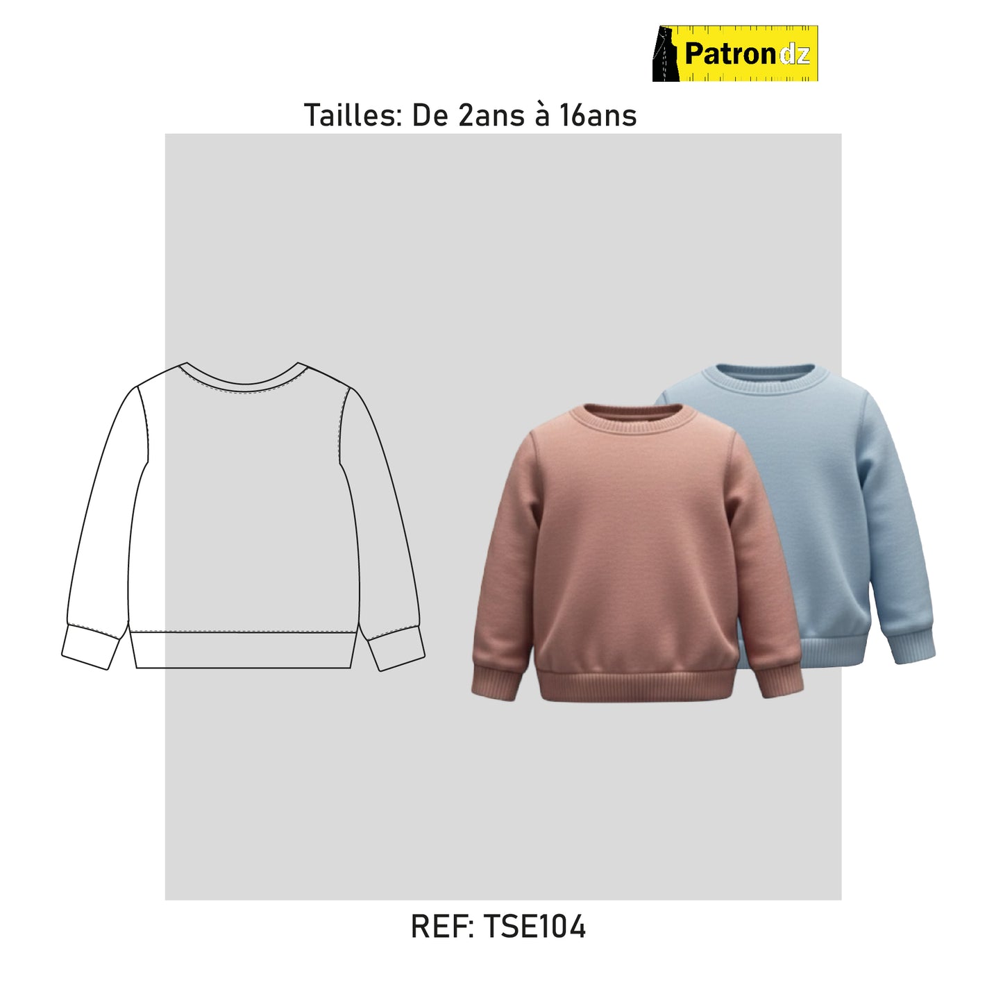 Sweat Enfant – Coupe Unisexe, De 2ans à 16ans - Patron - TSE101