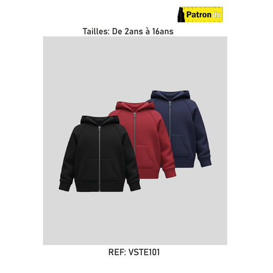 Sweat à Capuche Zippé Enfant – Coupe Unisexe, De 2ans à 16ans - Patron - VSTE101