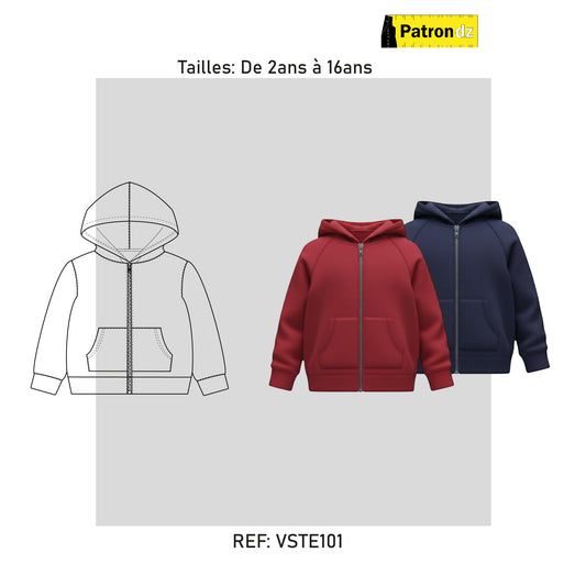 Sweat à Capuche Zippé Enfant – Coupe Unisexe, De 2ans à 16ans - Patron - VSTE101