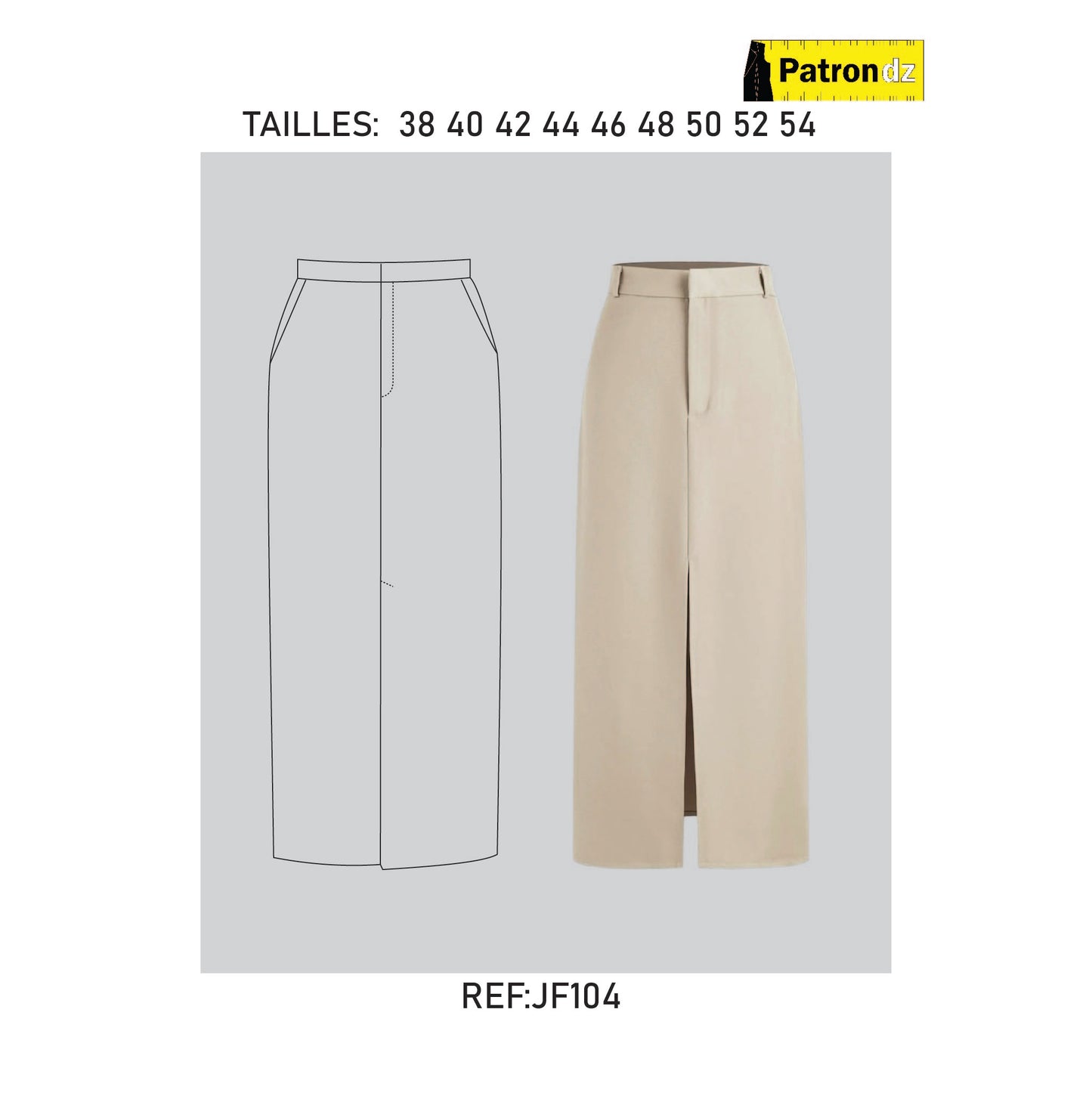 Patron Jupe Mi-longue Droite Avec Une Fonte Centrale A L'avant - Femme - JF104