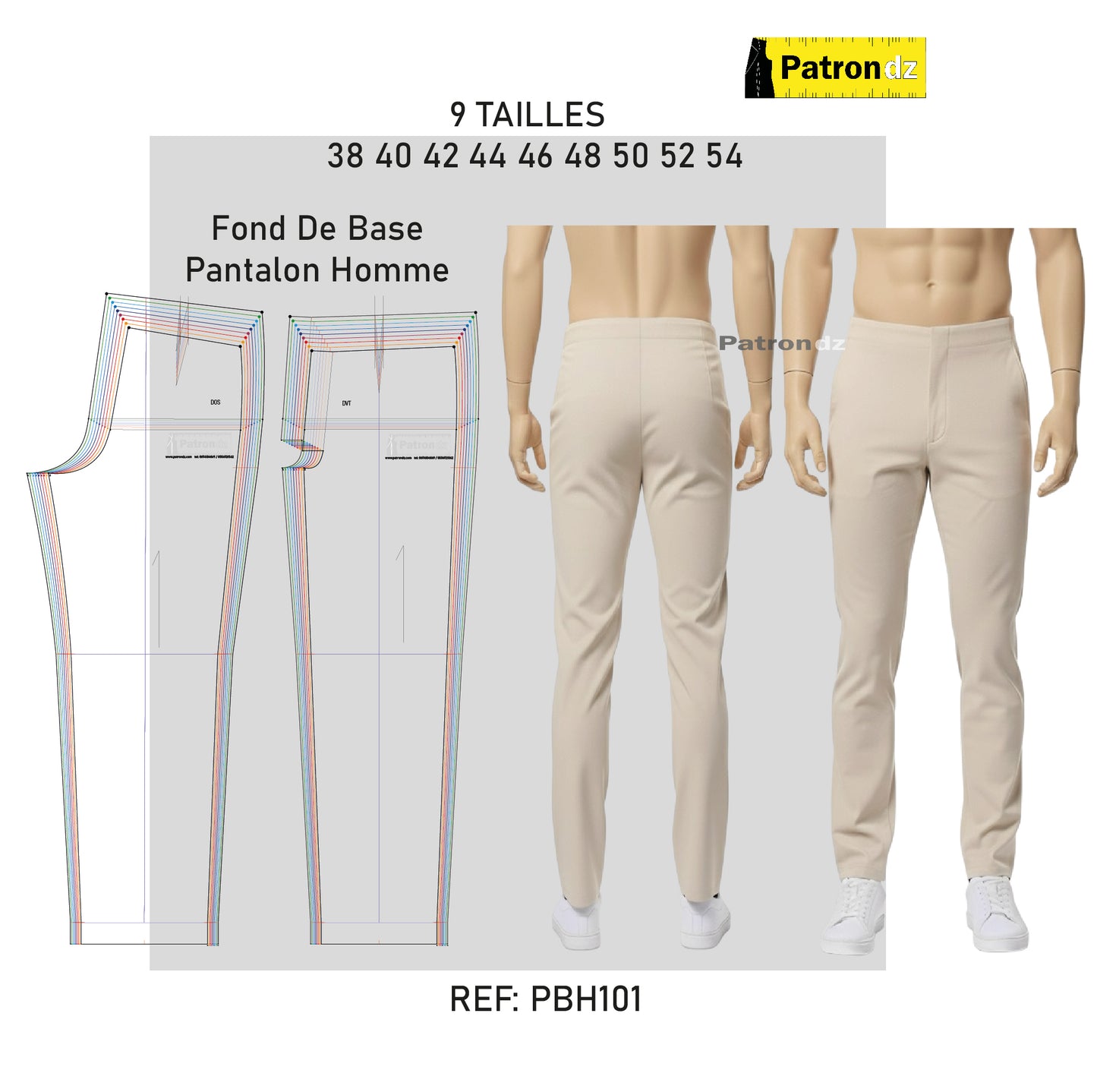Fond De Base - Pantalon Homme  Le Lot (tailles 38-54) Patron - PBH101