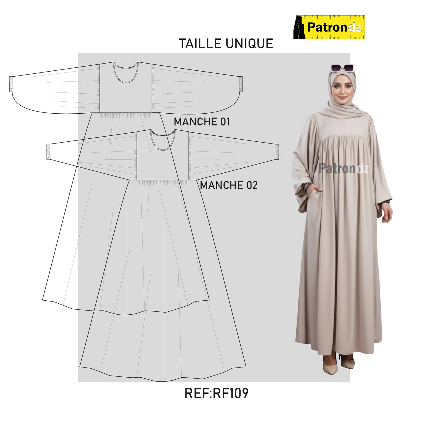 Patron Robe Hijab Fadfad avec deux manches différentes - TAILLE UNIQUE Patron - RF109