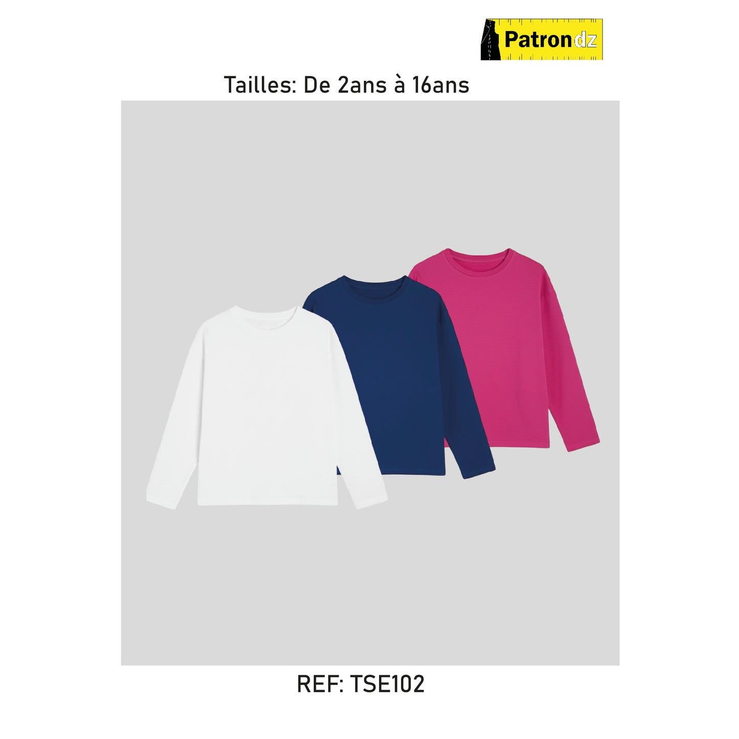 T-shirt à Manche Longue Enfant – Coupe Unisexe, De 2ans à 16ans - Patron - TSE102